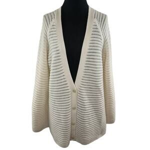 Theory Ivory 100% Cashmere Oversized Button-Up V-Neck Cardigan Sweater L Large